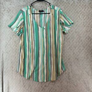 Ashley Blue Blouse Womens 1XL Green Striped V Neck Eyelet Short Sleeve